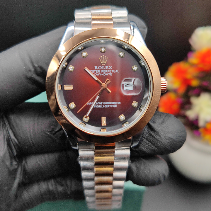 Rolex Watch | Stainless Steel Chain with Red & Gold Dial