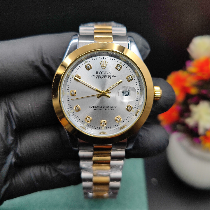 Rolex Watch | Stainless Steel Chain with Gold Dial